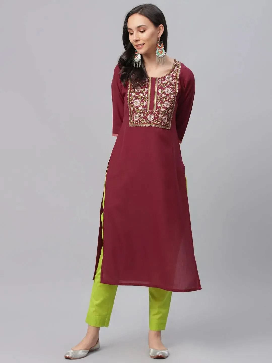 Anouk Maroon Embroidered Cotton Kurta