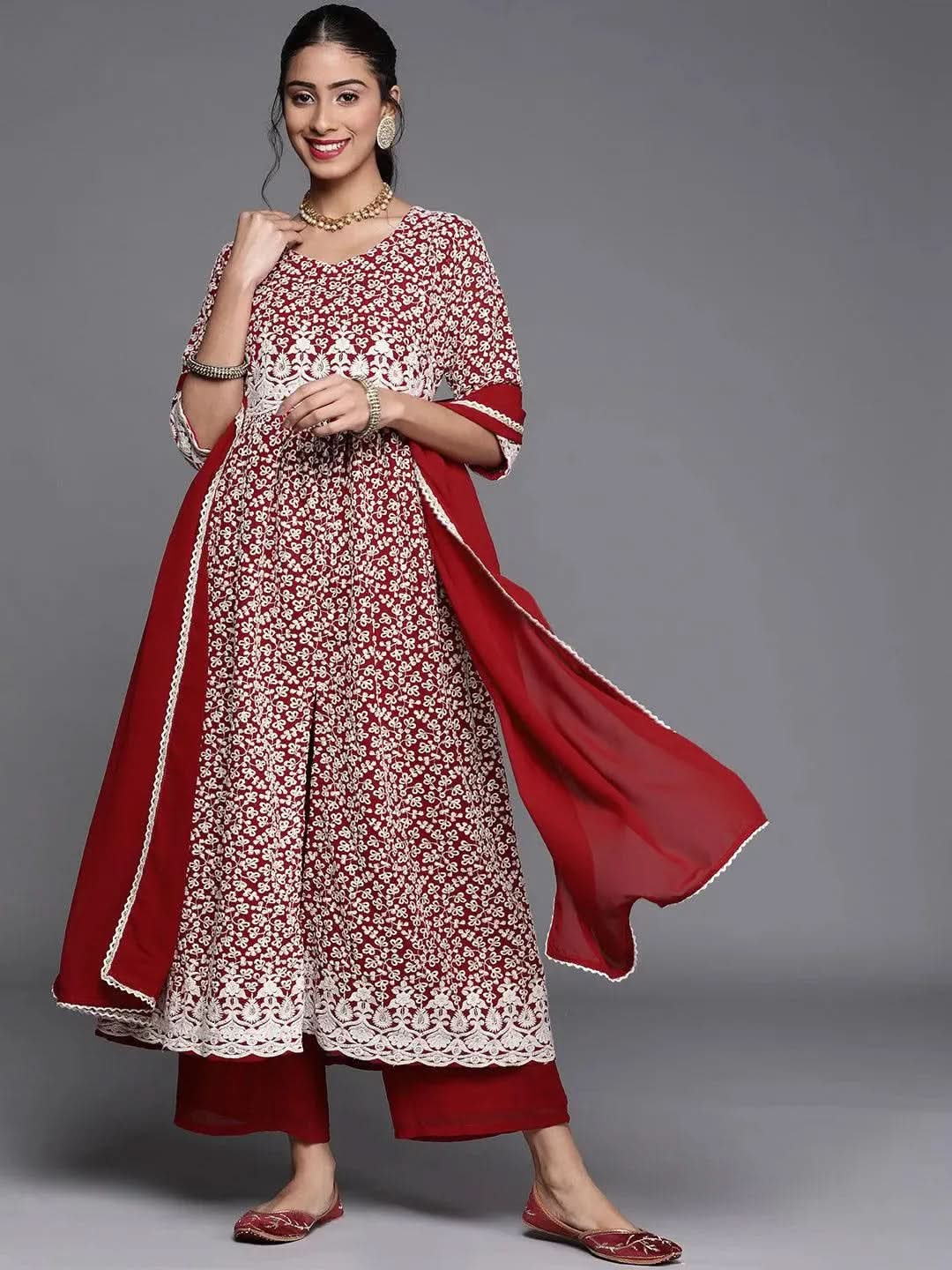 Anouk Maroon Embroidered Georgette Anarkali Kurta With Palazzos & Dupatta