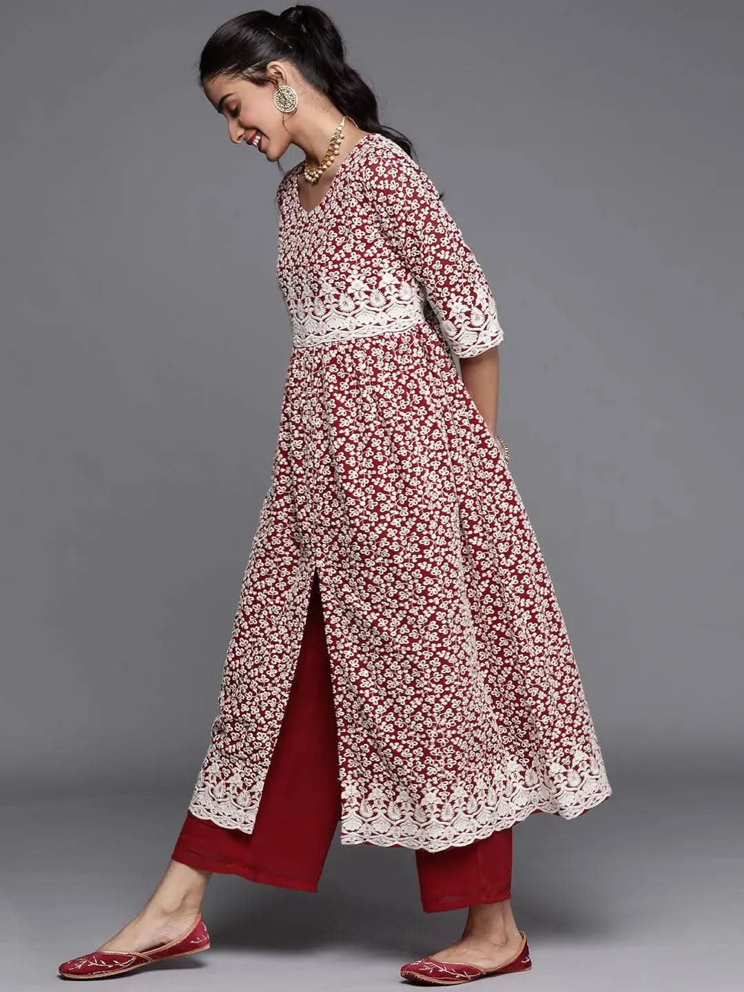 Anouk Maroon Embroidered Georgette Anarkali Kurta With Palazzos & Dupatta