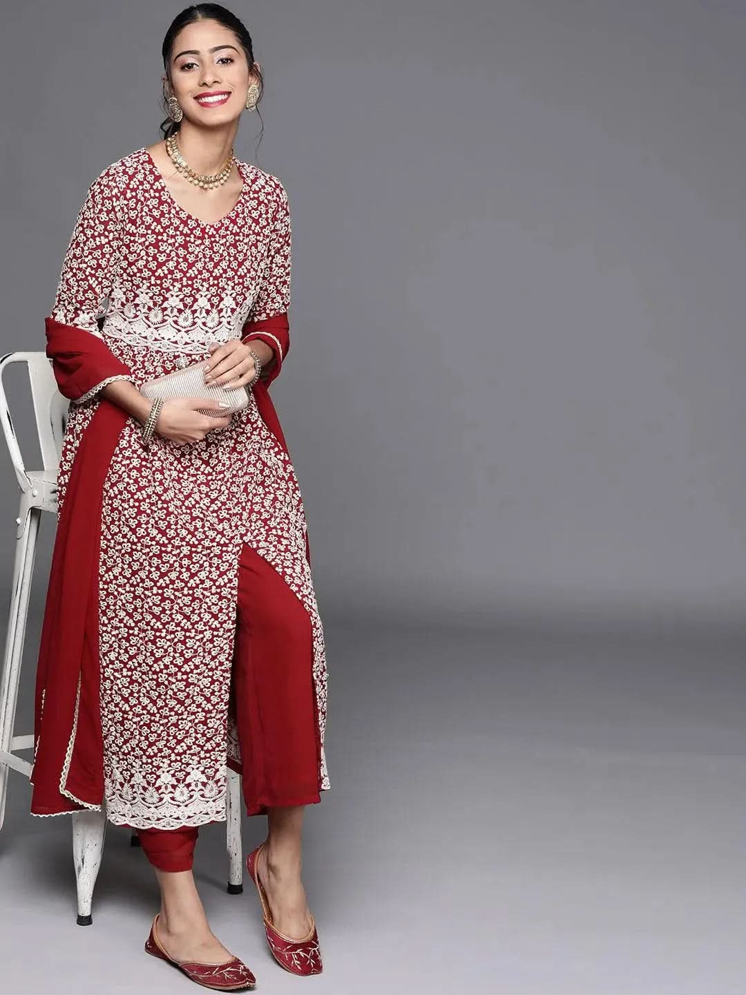 Anouk Maroon Embroidered Georgette Anarkali Kurta With Palazzos & Dupatta