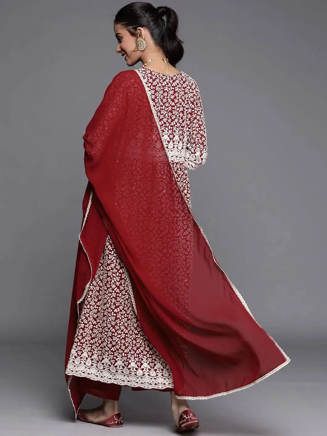 Anouk Maroon Embroidered Georgette Anarkali Kurta With Palazzos & Dupatta