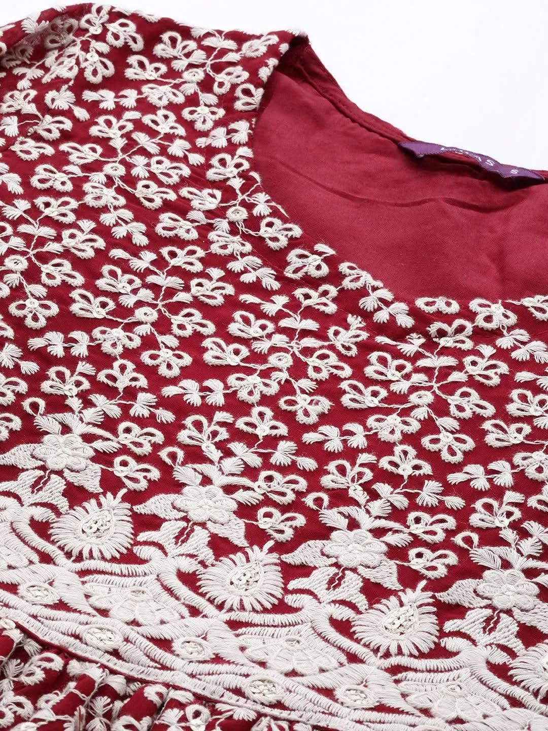 Anouk Maroon Embroidered Georgette Anarkali Kurta With Palazzos & Dupatta