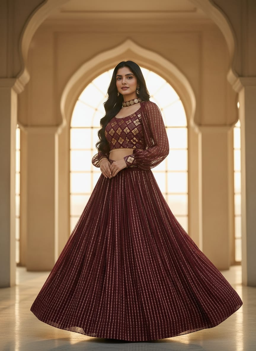 Maroon Embroidered Lehenga Set
