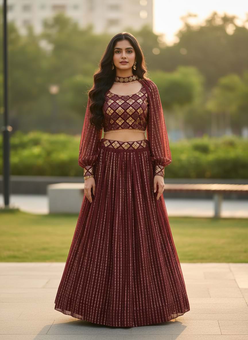 Maroon Embroidered Lehenga Set
