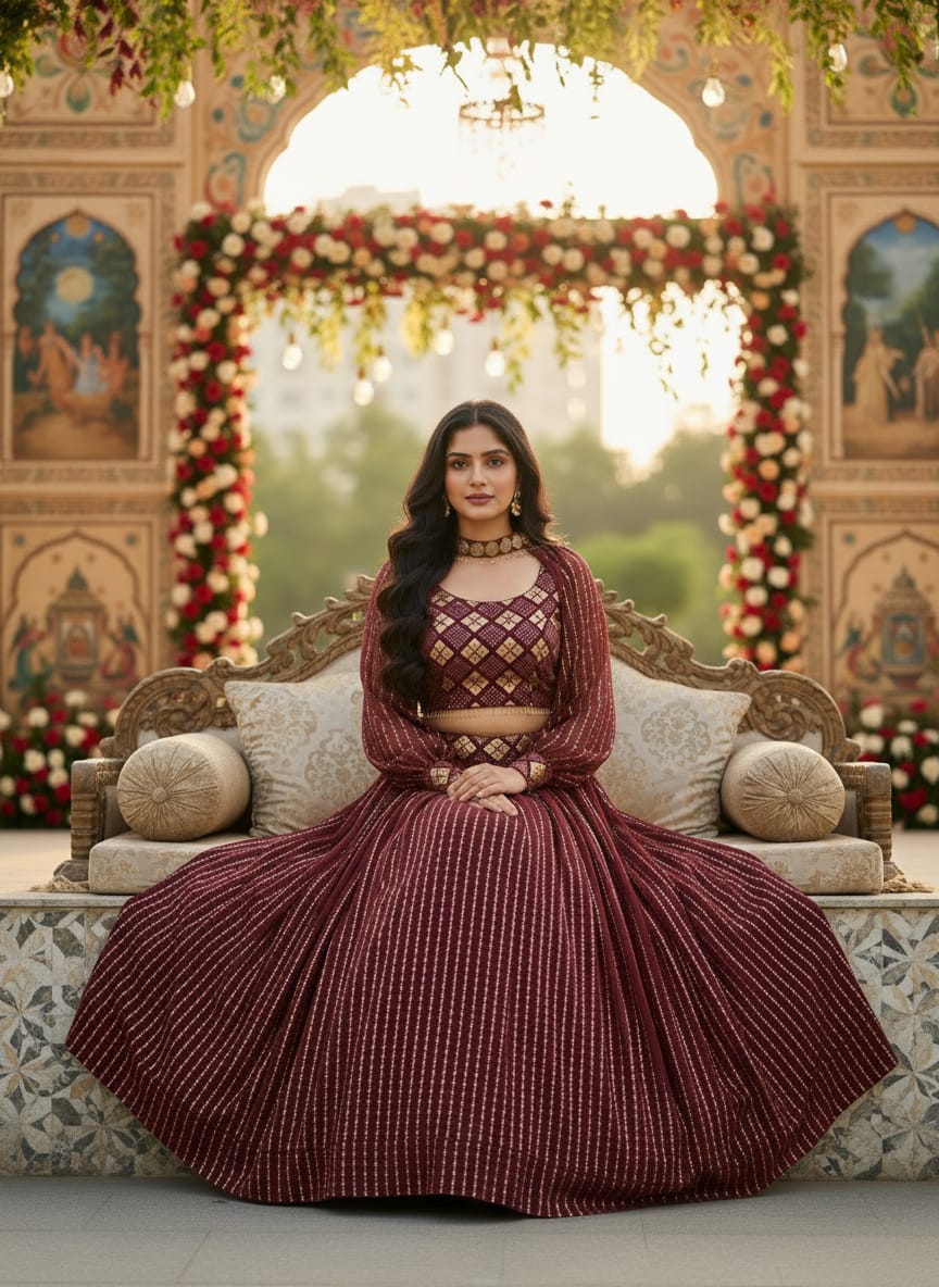 Maroon Embroidered Lehenga Set
