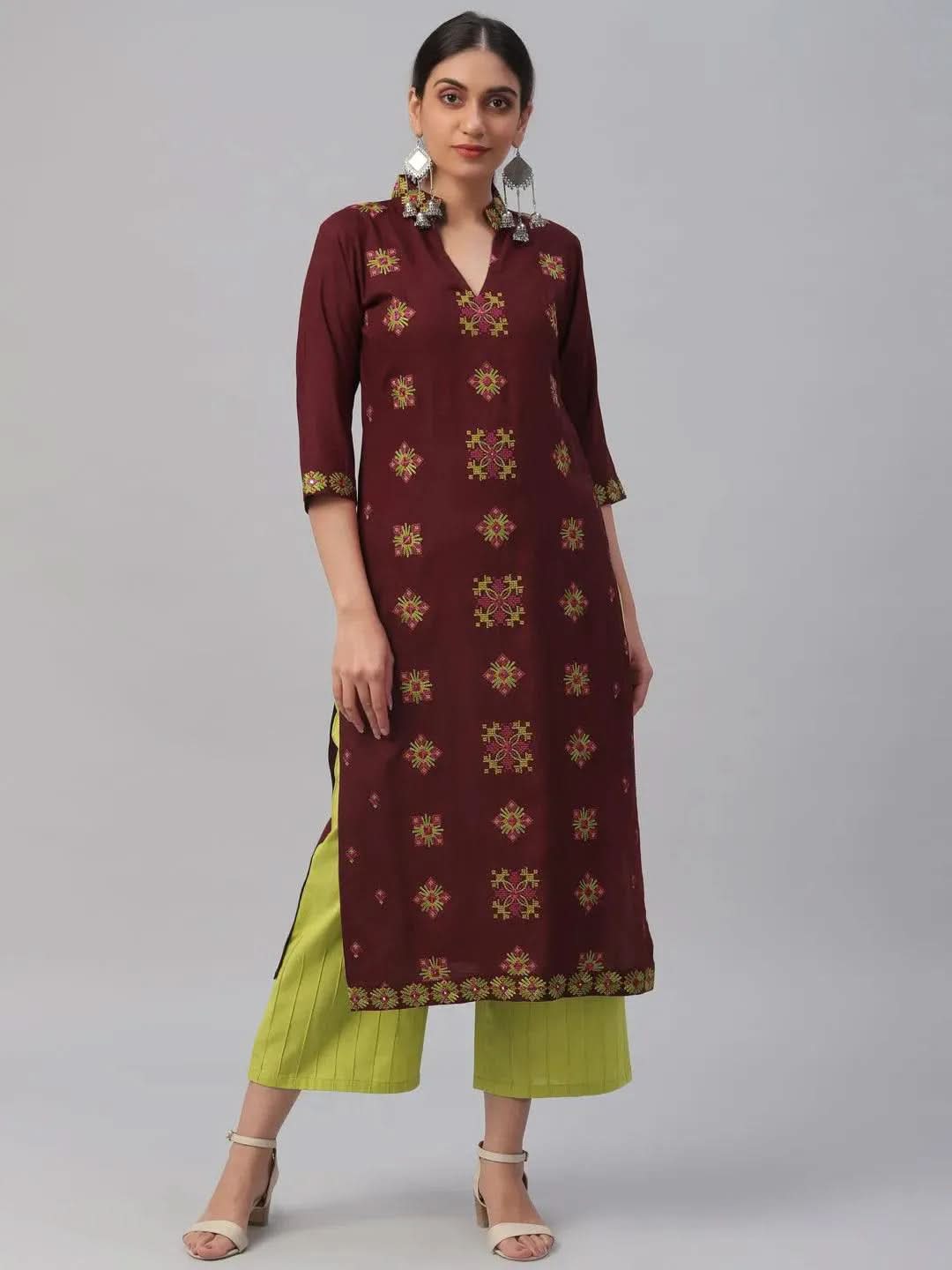 Anouk Maroon Embroidered Rayon Kurta