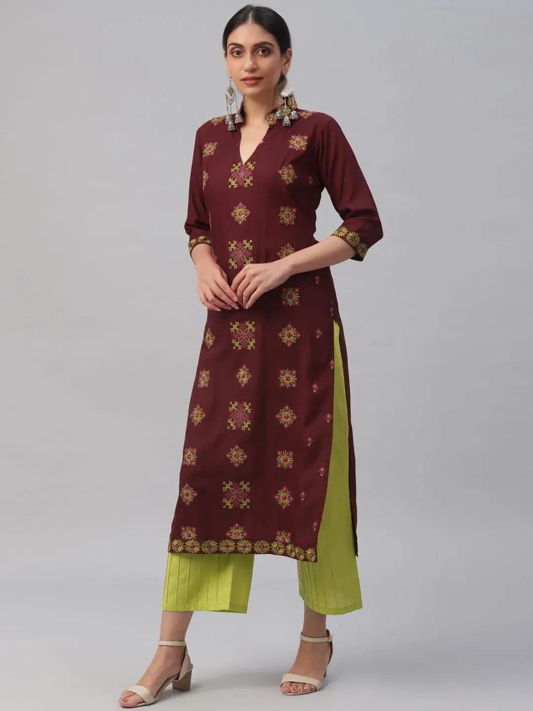 Anouk Maroon Embroidered Rayon Kurta