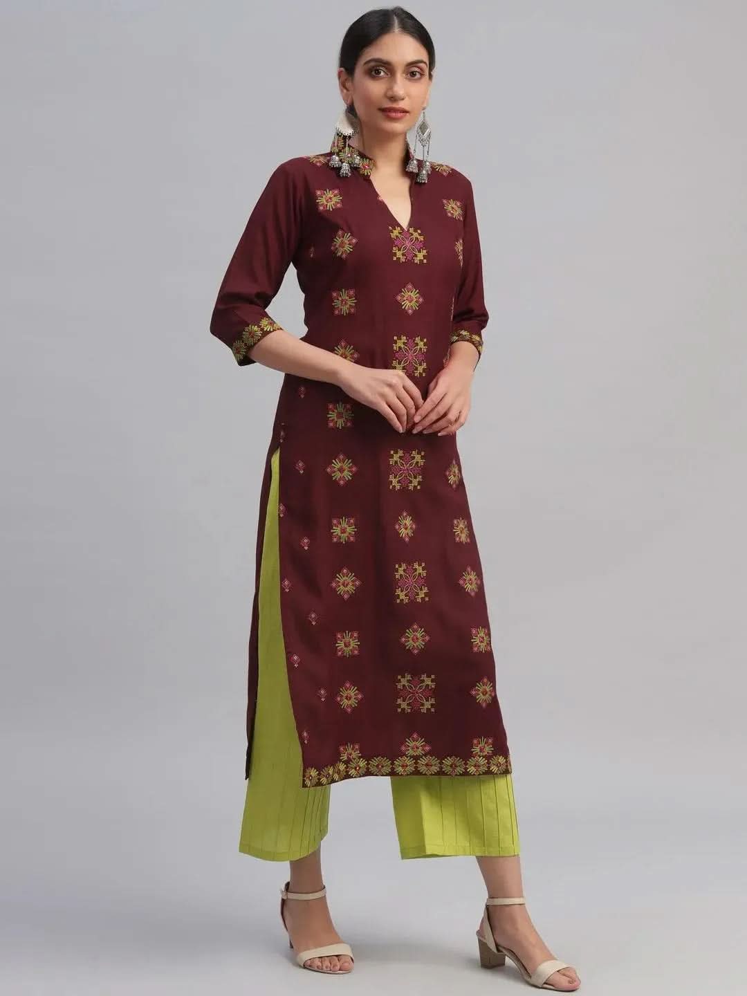 Anouk Maroon Embroidered Rayon Kurta