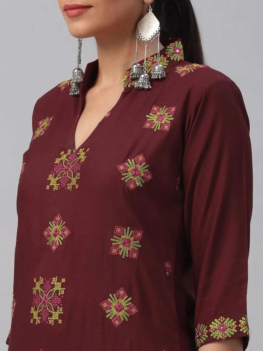 Anouk Maroon Embroidered Rayon Kurta