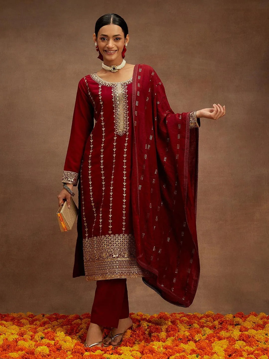 Anouk Maroon Embroidered Silk Straight Suit With Dupatta