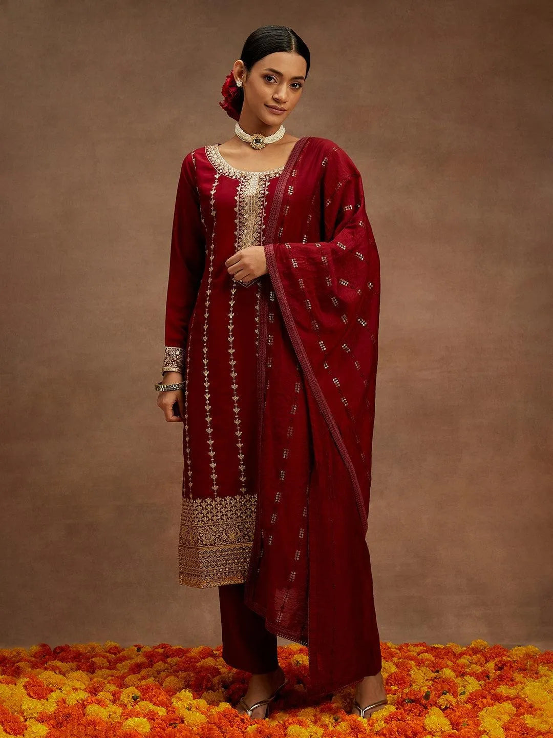 Anouk Maroon Embroidered Silk Straight Suit With Dupatta