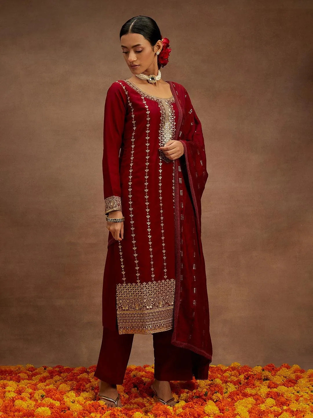 Anouk Maroon Embroidered Silk Straight Suit With Dupatta