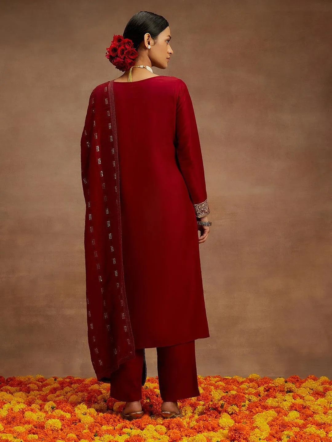 Anouk Maroon Embroidered Silk Straight Suit With Dupatta