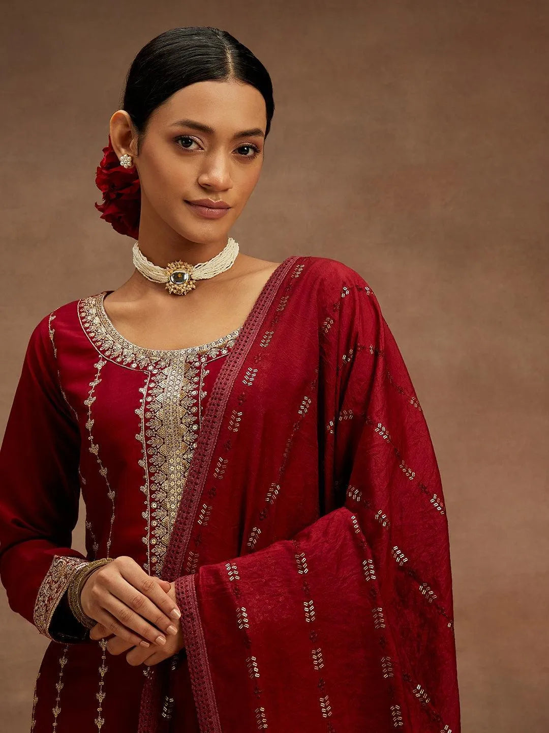 Anouk Maroon Embroidered Silk Straight Suit With Dupatta