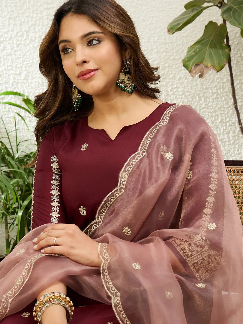 Maroon Embroidered Straight Kurta Pant Set with Chinnon Dupatta