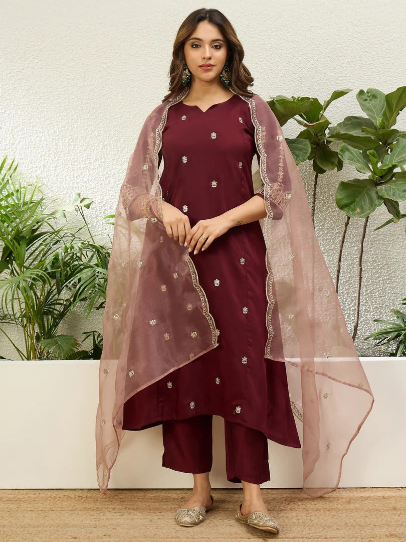 Maroon Embroidered Straight Kurta Pant Set with Chinnon Dupatta
