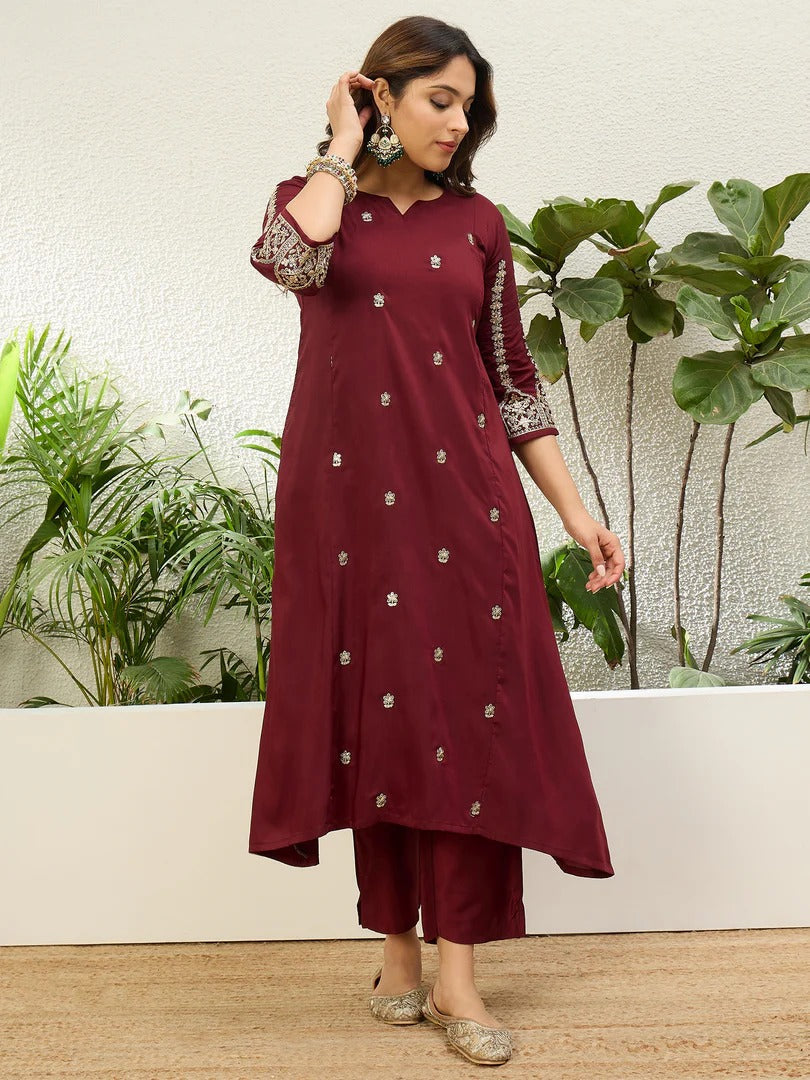 Maroon Embroidered Straight Kurta Pant Set with Chinnon Dupatta