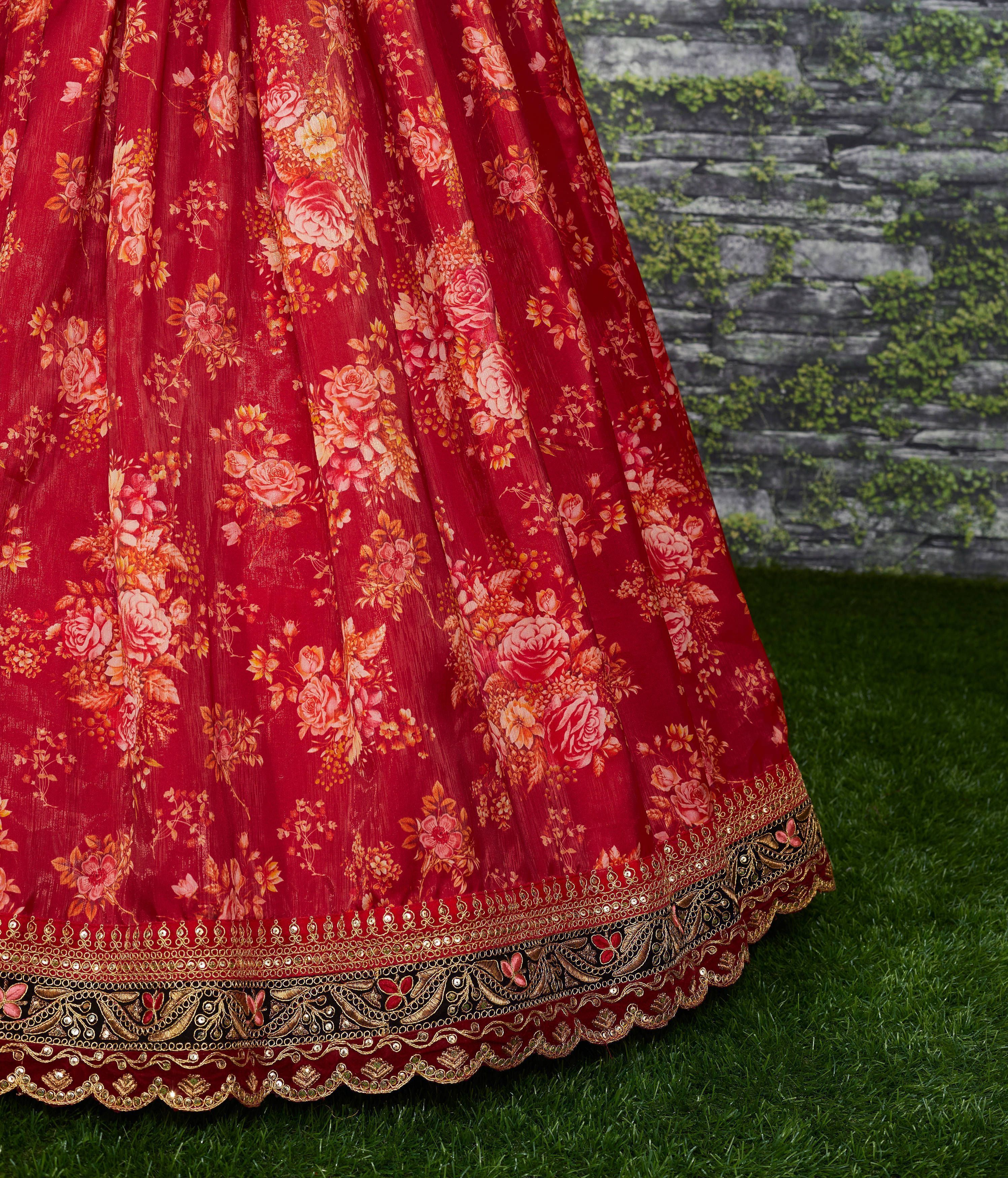 Maroon Floral Printed Organza Bridal Lehenga Choli