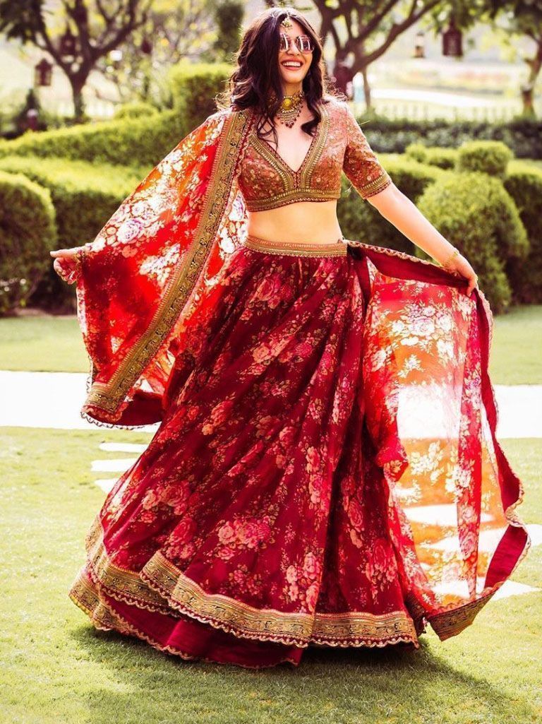 Maroon Floral Printed Organza Bridal Lehenga Choli
