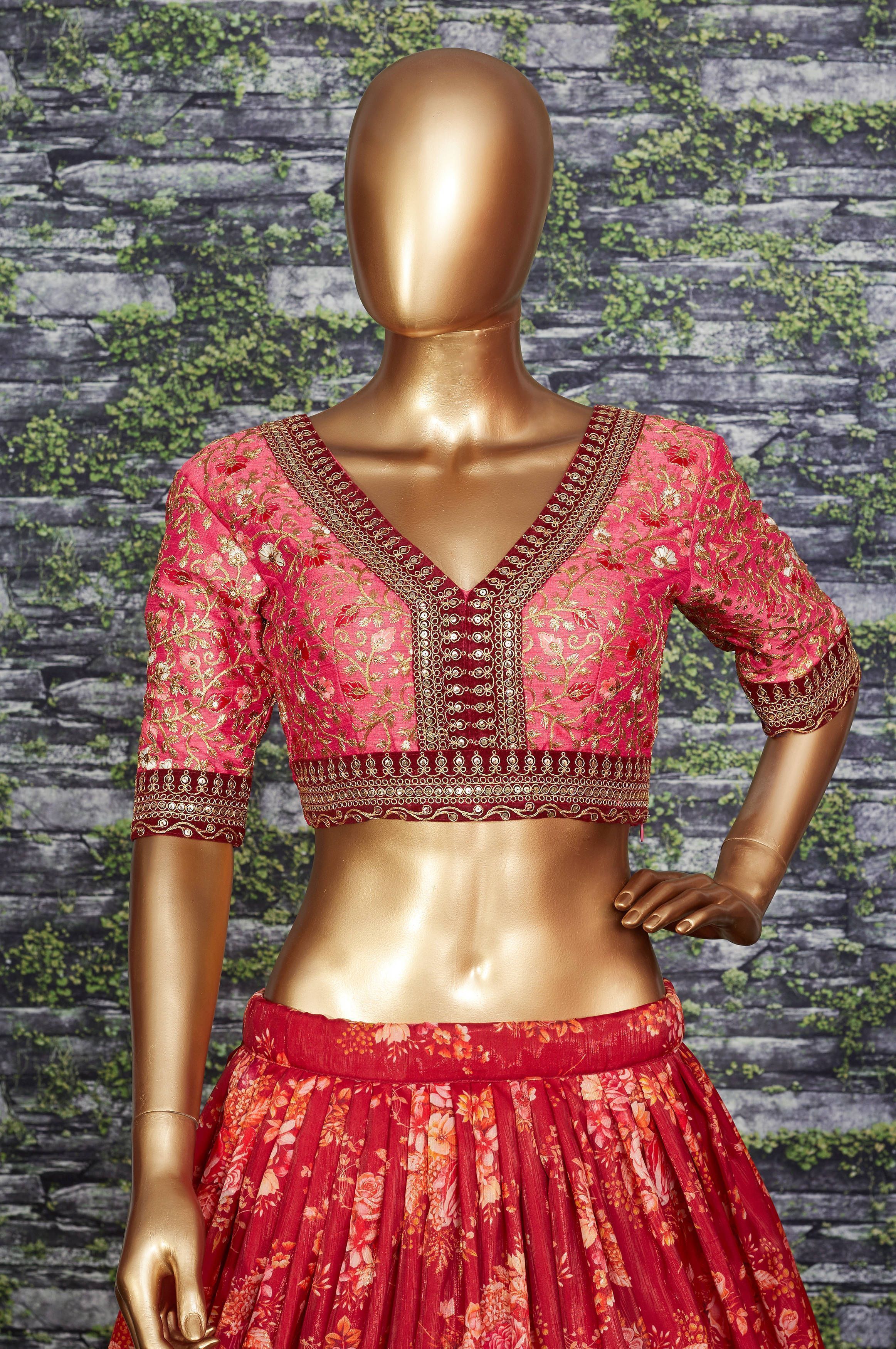 Maroon Floral Printed Organza Bridal Lehenga Choli