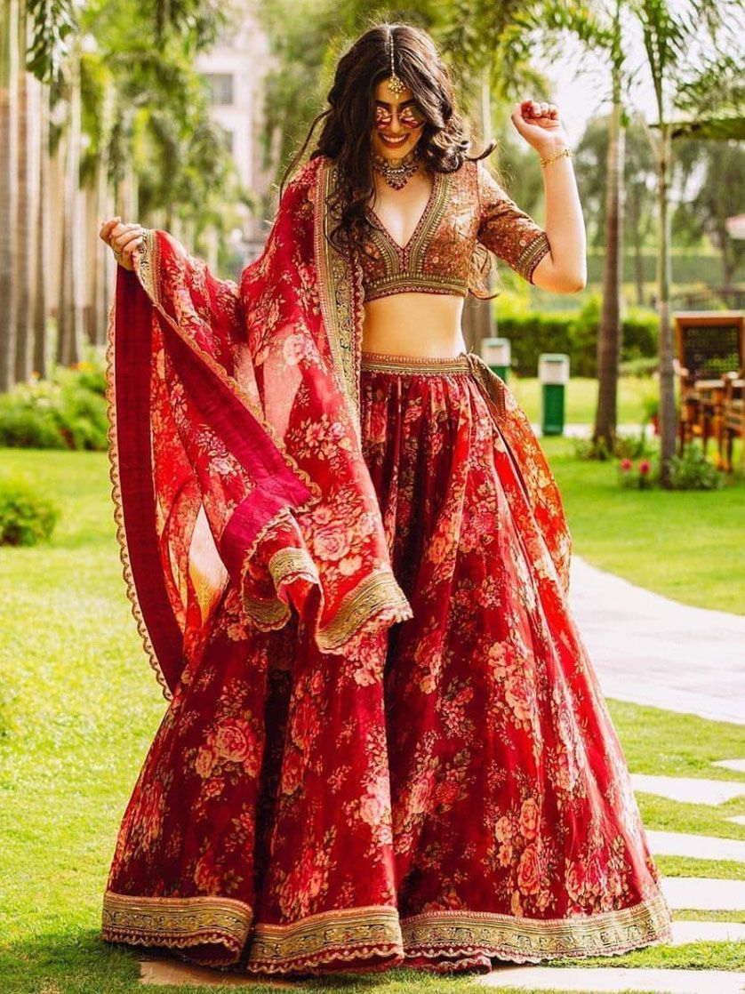 Maroon Floral Printed Organza Bridal Lehenga Choli