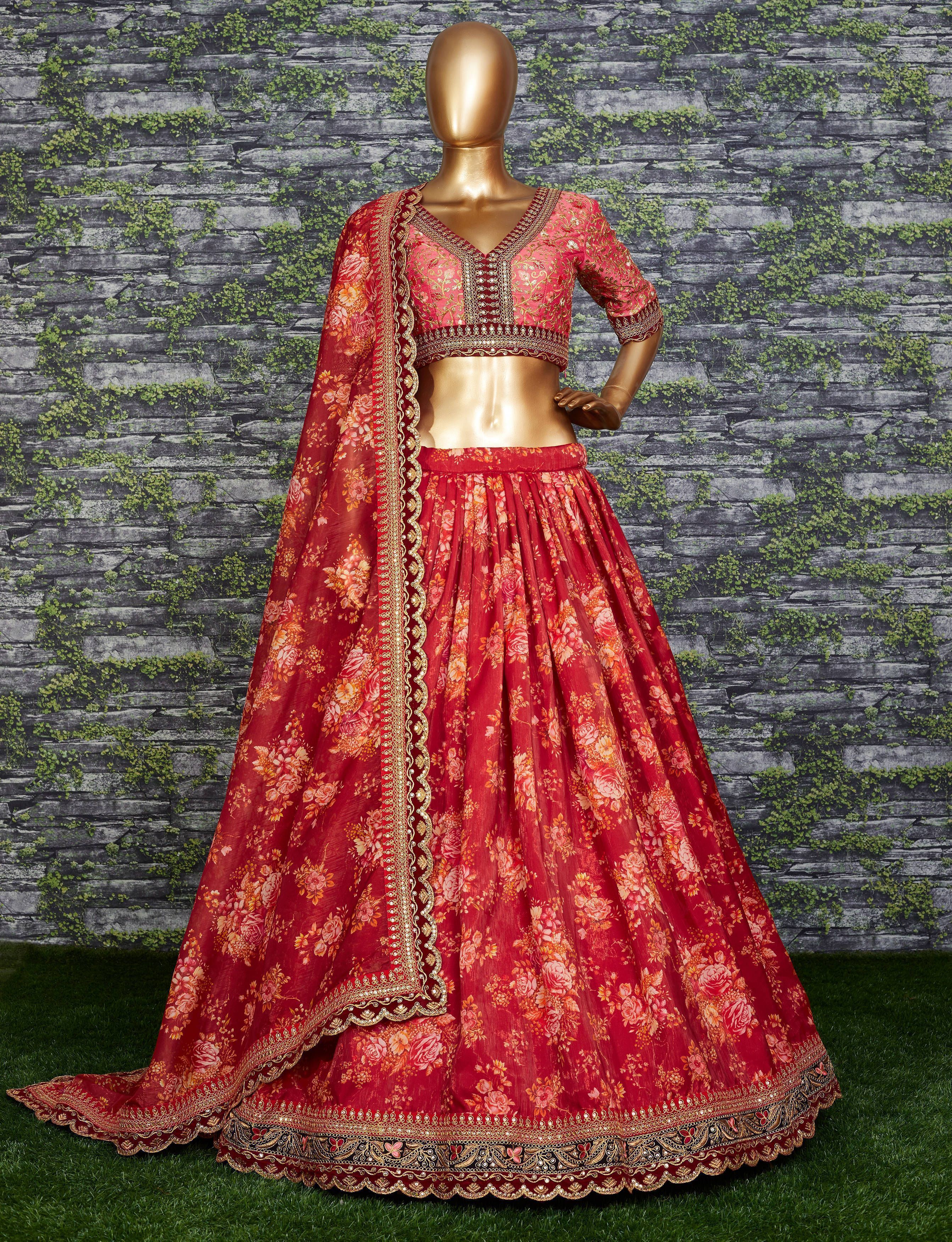Maroon Floral Printed Organza Bridal Lehenga Choli