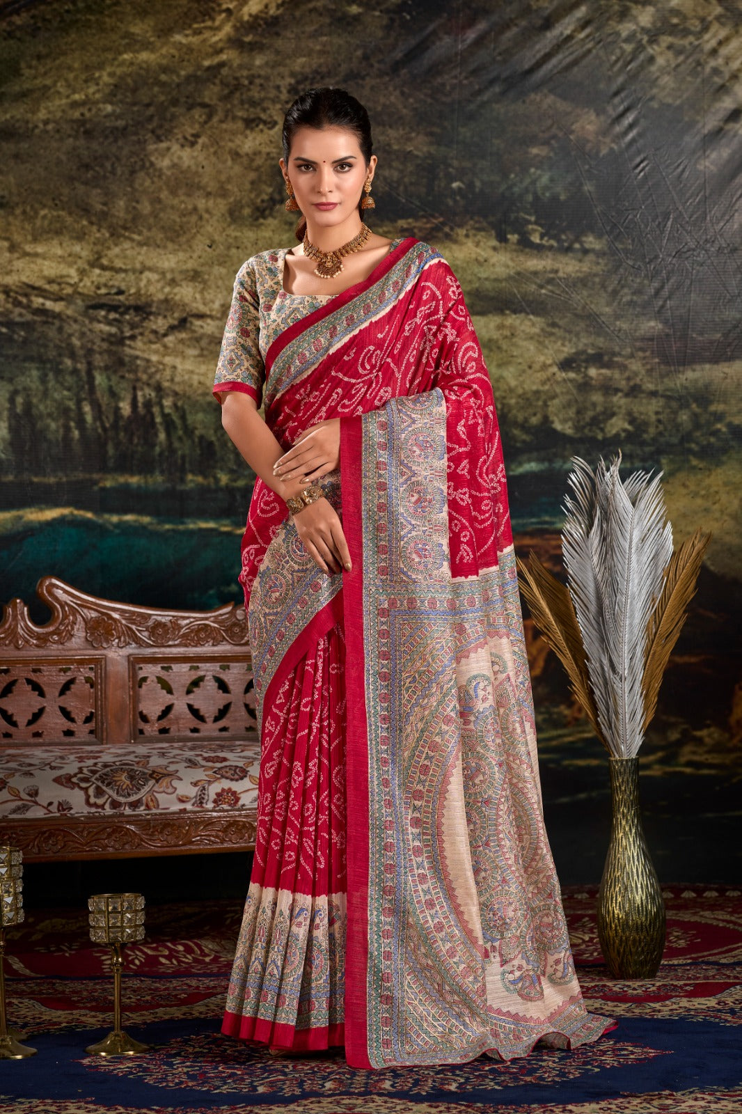 Maroon Fusion of Madhubani and Bandhej Green Silk Saree with Unstitched Blouse