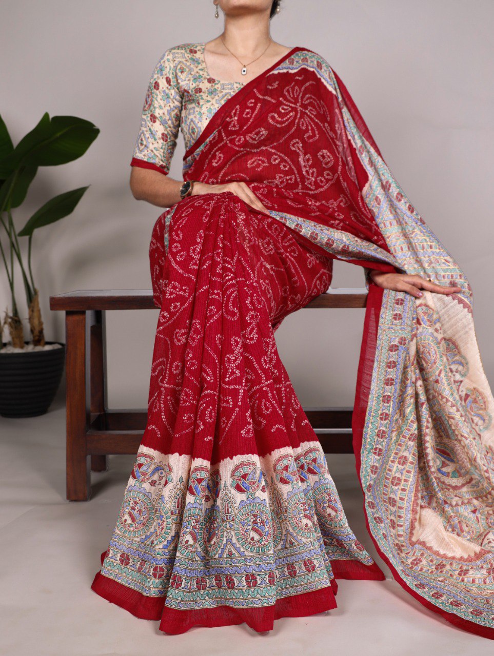 Maroon Fusion of Madhubani and Bandhej Green Silk Saree with Unstitched Blouse