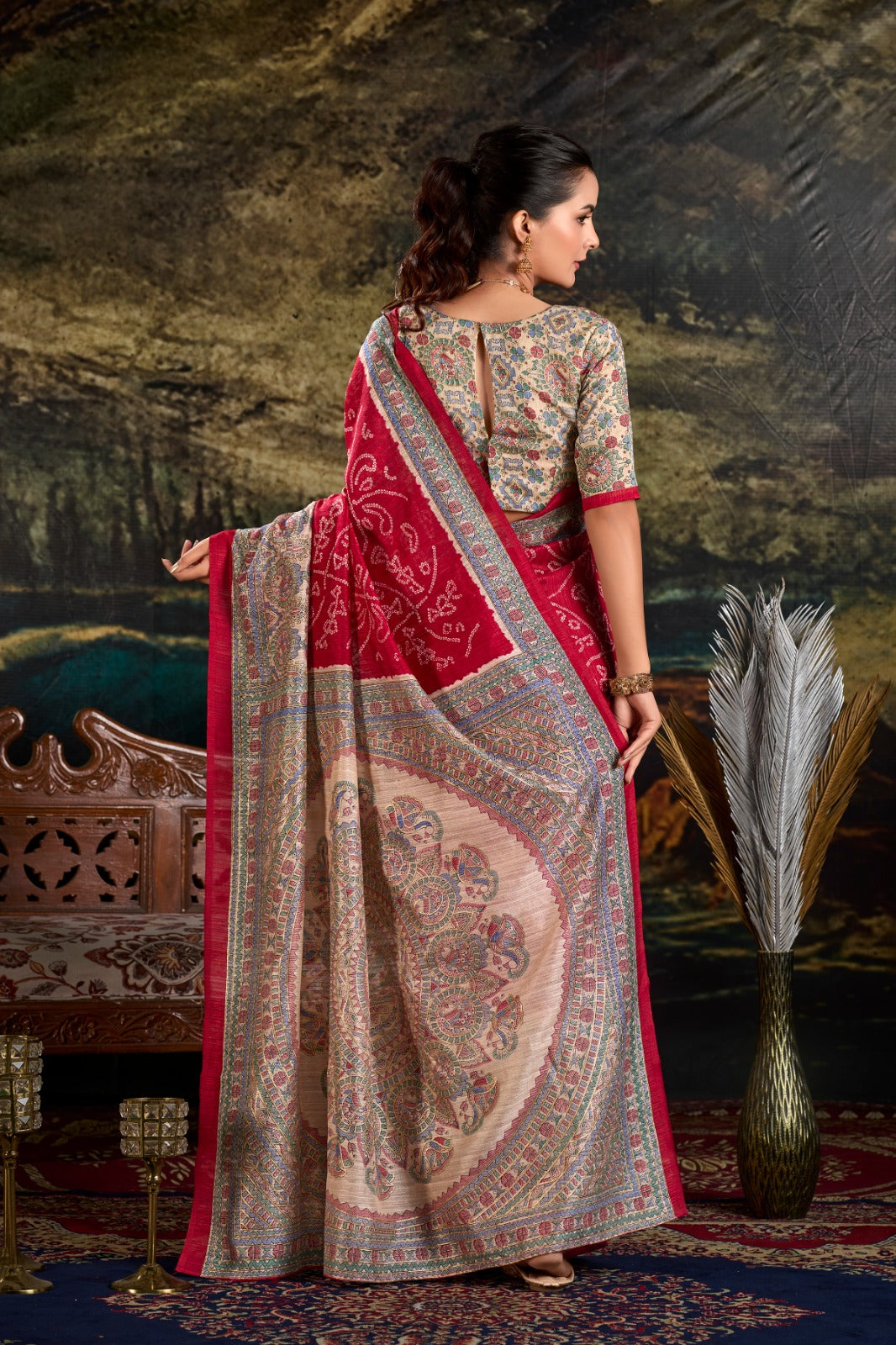Maroon Fusion of Madhubani and Bandhej Green Silk Saree with Unstitched Blouse