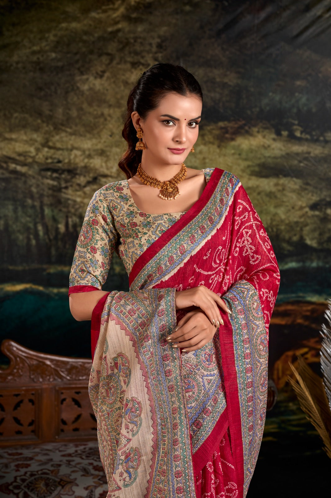 Maroon Fusion of Madhubani and Bandhej Green Silk Saree with Unstitched Blouse