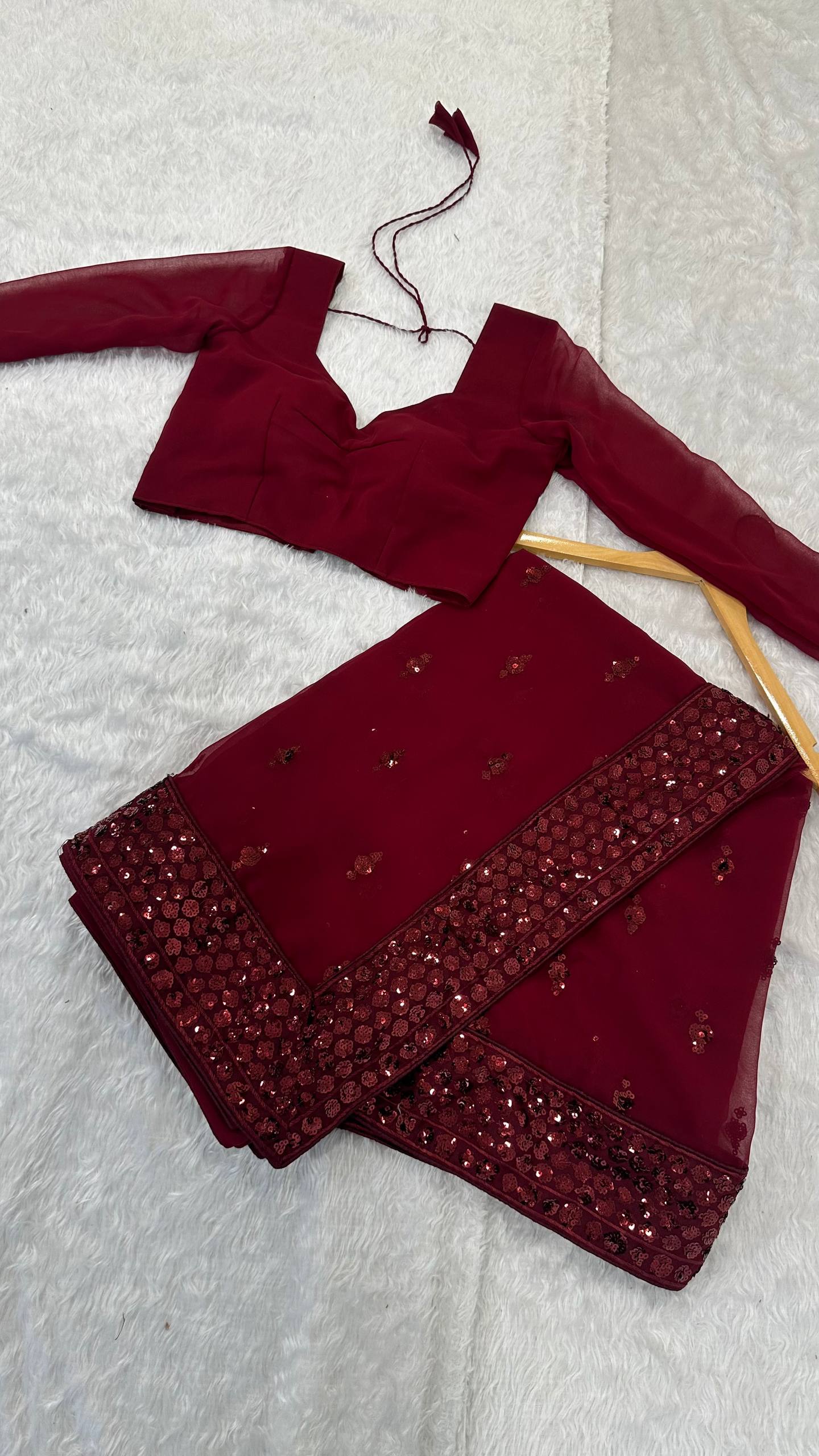 Maroon Georgette Sequins Work Saree with Matching Unstitched Georgette Blouse – Premium Party & Festive Wear