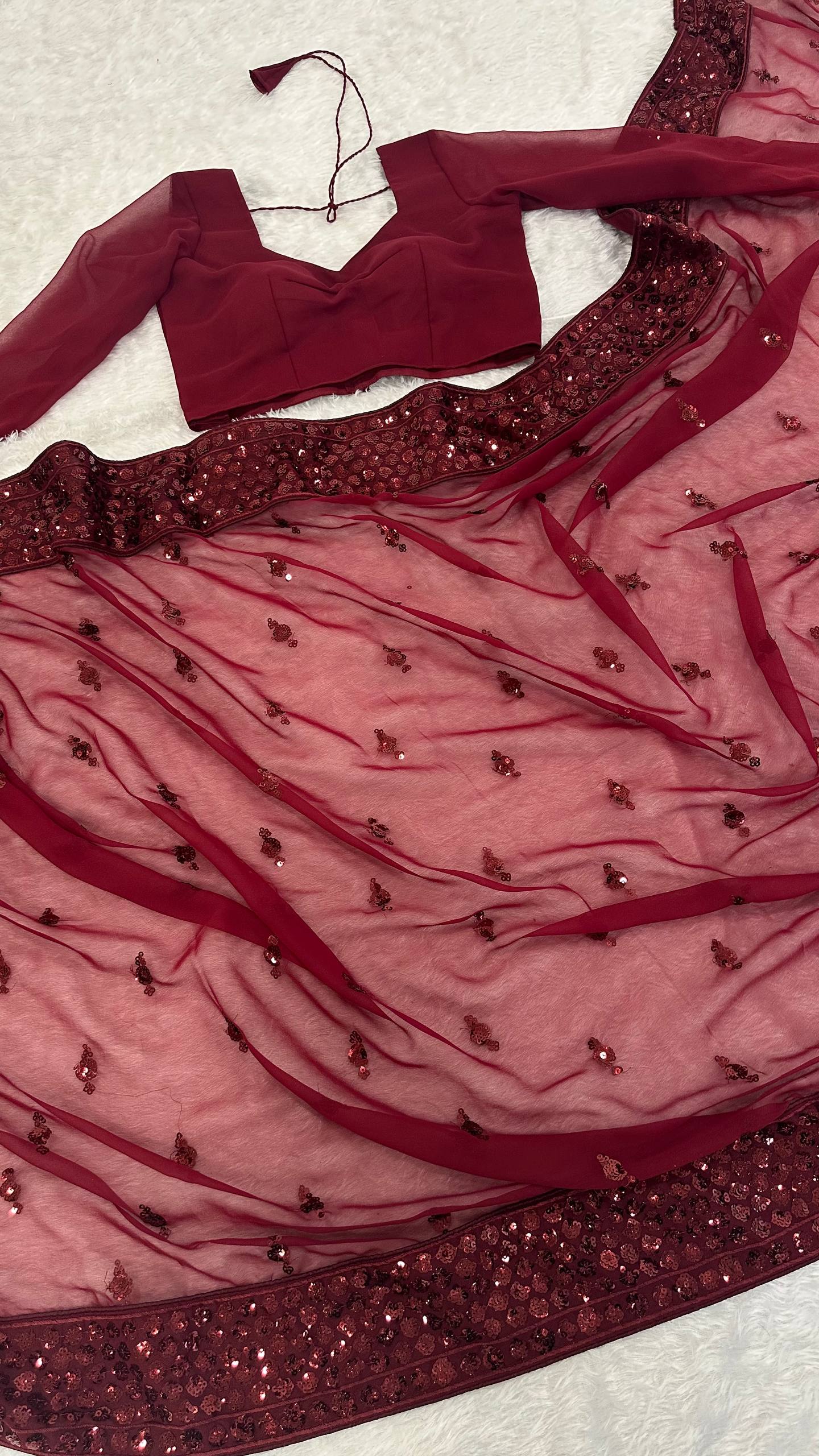 Maroon Georgette Sequins Work Saree with Matching Unstitched Georgette Blouse – Premium Party & Festive Wear