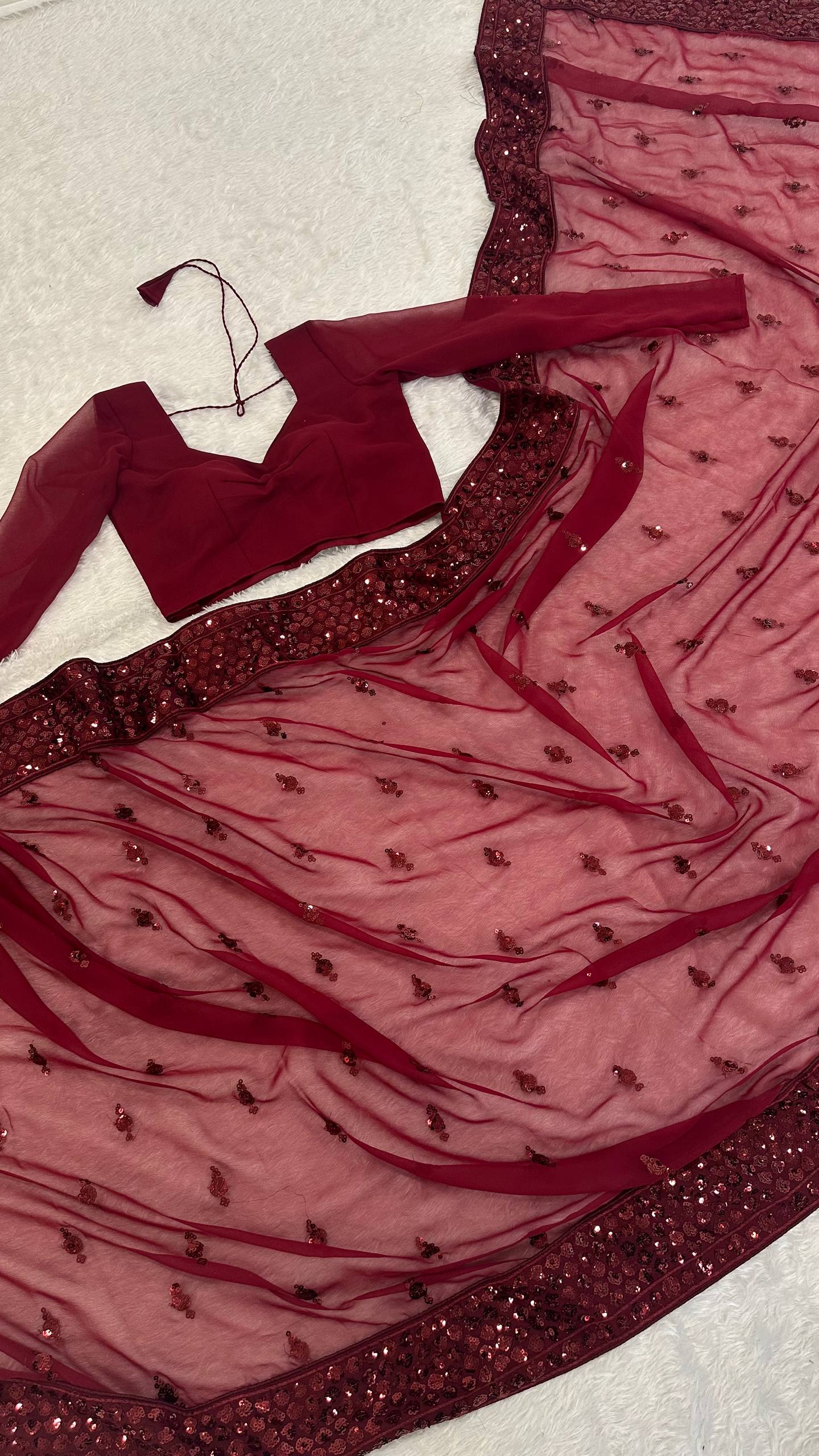 Maroon Georgette Sequins Work Saree with Matching Unstitched Georgette Blouse – Premium Party & Festive Wear