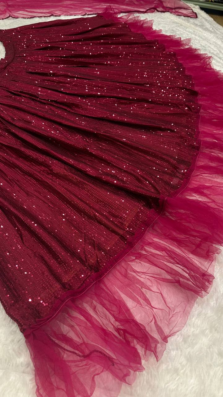 Maroon Glamorous Georgette Lehenga Set with Sequins & Ruffle Border Detailing