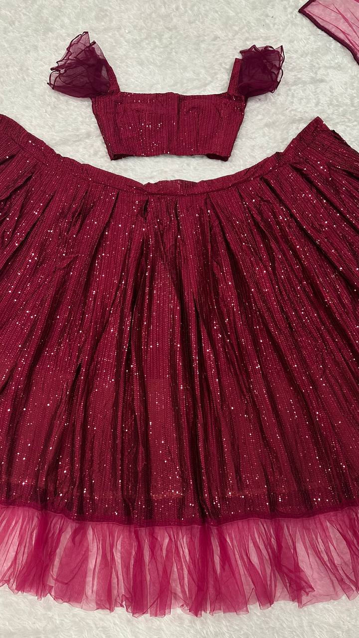 Maroon Glamorous Georgette Lehenga Set with Sequins & Ruffle Border Detailing