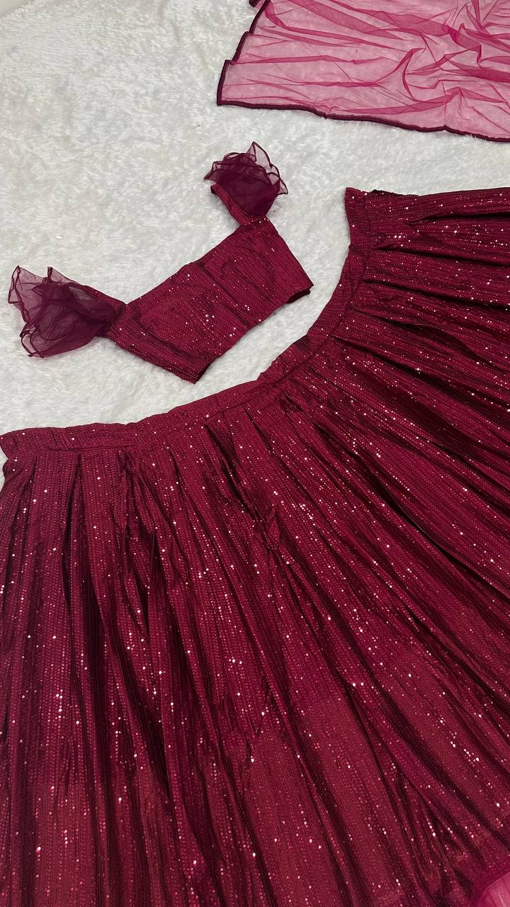 Maroon Glamorous Georgette Lehenga Set with Sequins & Ruffle Border Detailing