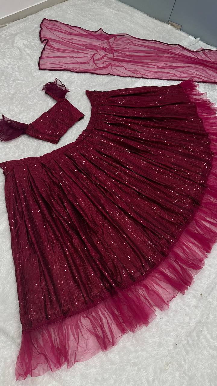 Maroon Glamorous Georgette Lehenga Set with Sequins & Ruffle Border Detailing