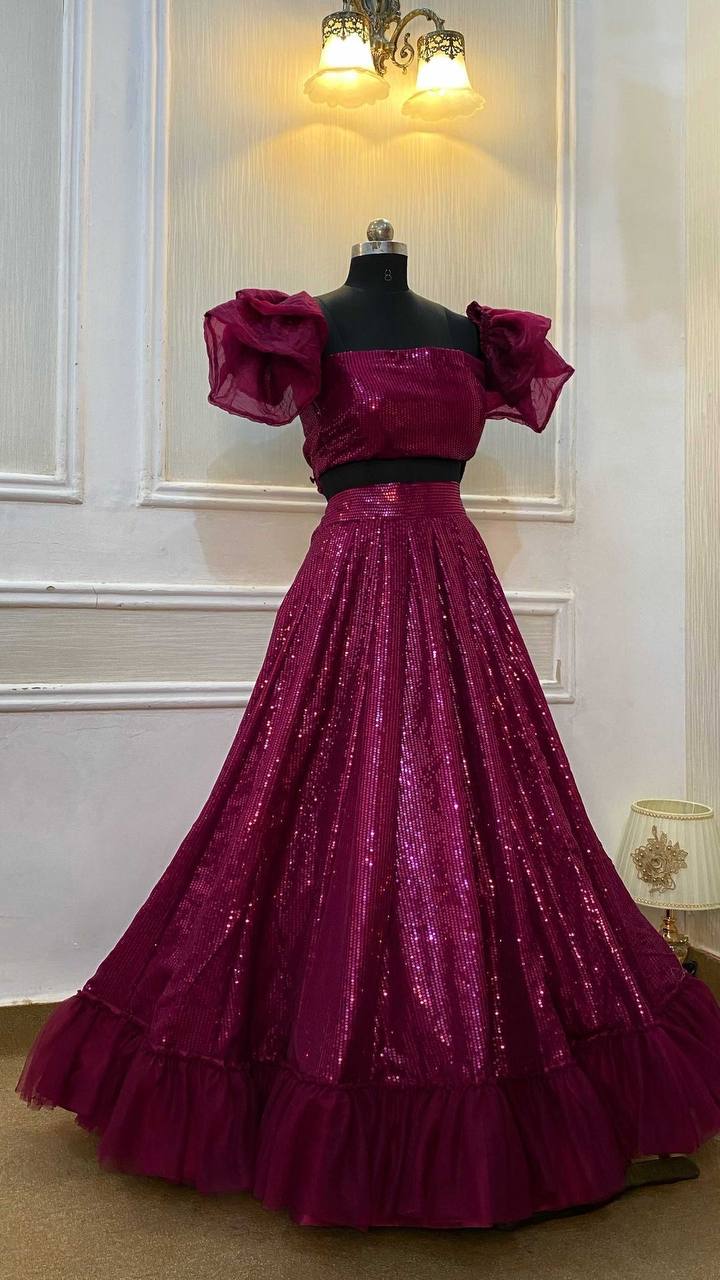 Maroon Glamorous Georgette Lehenga Set with Sequins & Ruffle Border Detailing
