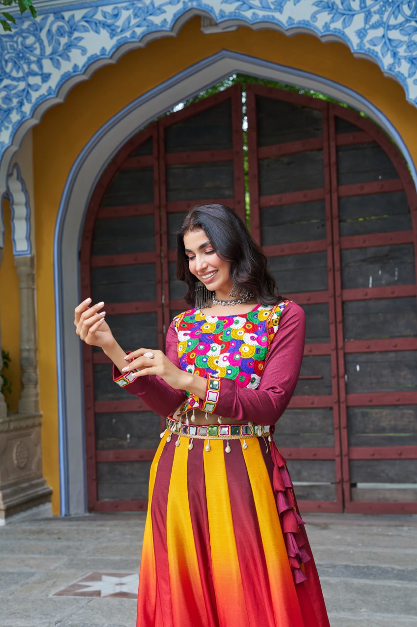 Maroon Navratri Special Chinnon Pedding Lehenga Choli with Kutchi Gamthi Embroidery