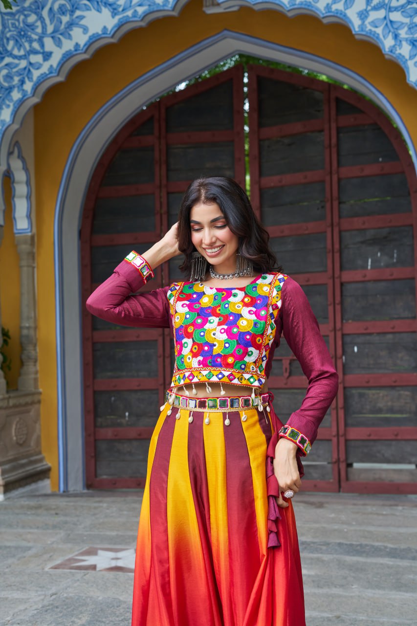 Maroon Navratri Special Chinnon Pedding Lehenga Choli with Kutchi Gamthi Embroidery