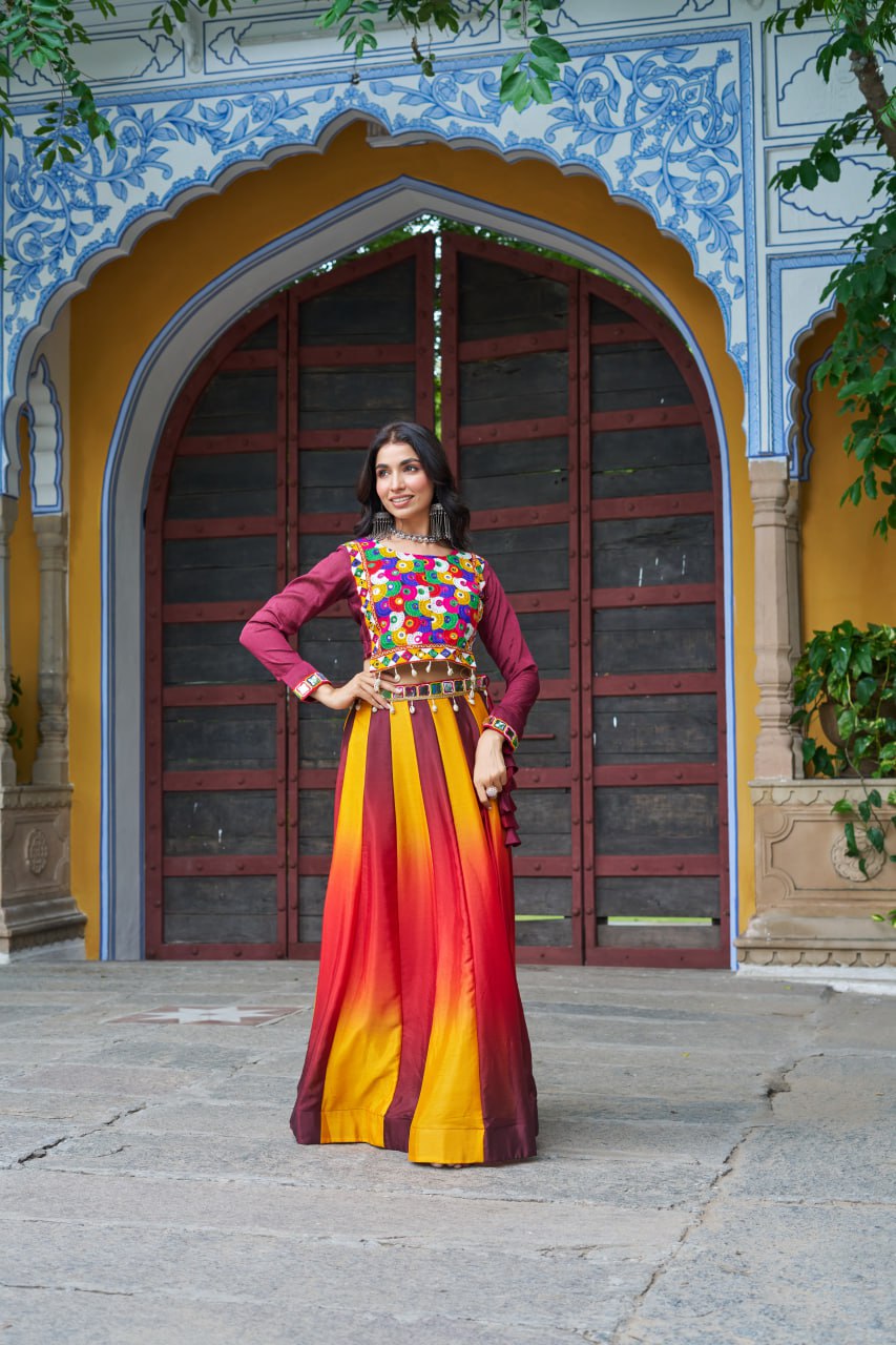 Maroon Navratri Special Chinnon Pedding Lehenga Choli with Kutchi Gamthi Embroidery