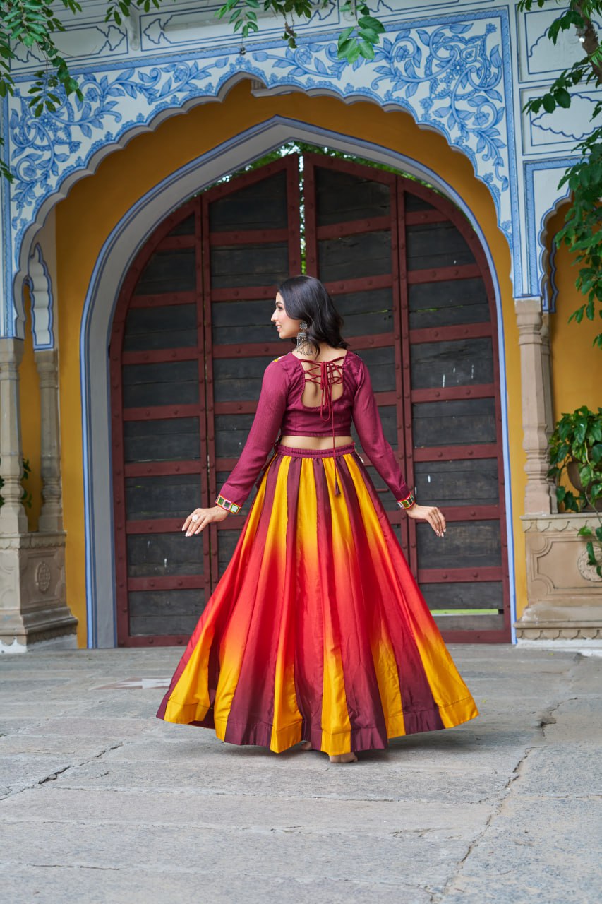 Maroon Navratri Special Chinnon Pedding Lehenga Choli with Kutchi Gamthi Embroidery