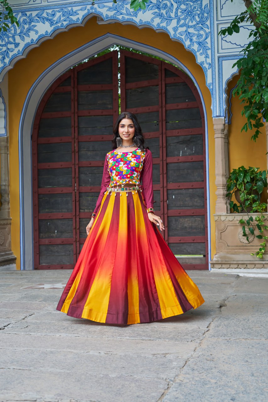 Maroon Navratri Special Chinnon Pedding Lehenga Choli with Kutchi Gamthi Embroidery