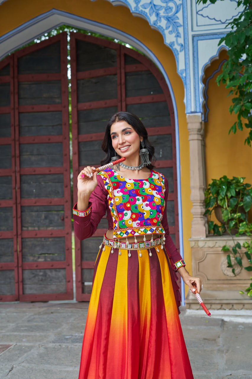 Maroon Navratri Special Chinnon Pedding Lehenga Choli with Kutchi Gamthi Embroidery
