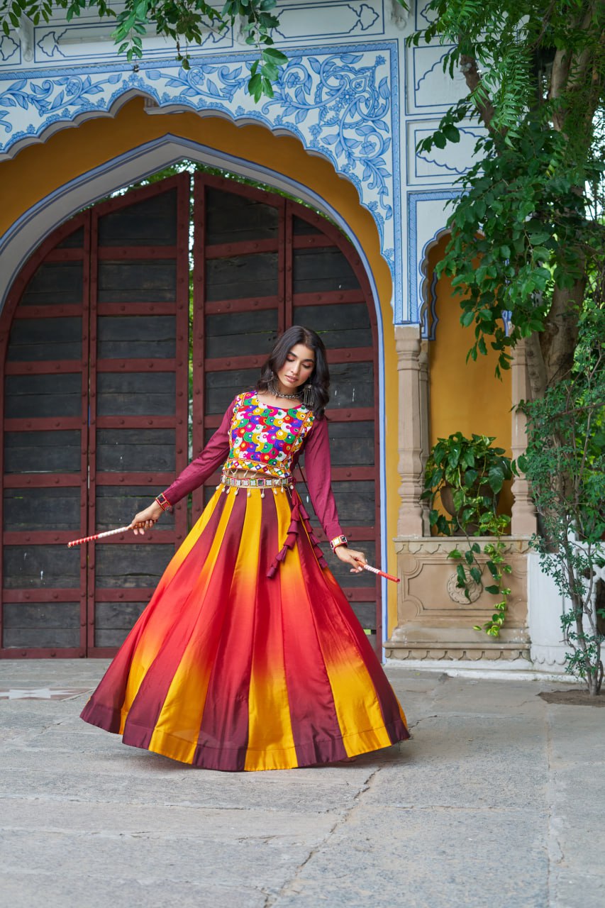 Maroon Navratri Special Chinnon Pedding Lehenga Choli with Kutchi Gamthi Embroidery
