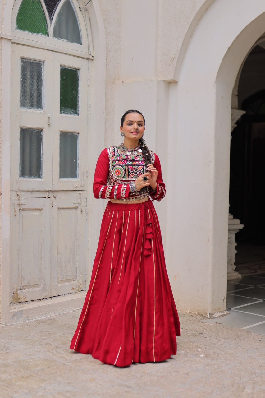 Maroon Navratri Special Roman Fabric Lehenga Choli with Kutchi Gamthi & Mirror Work