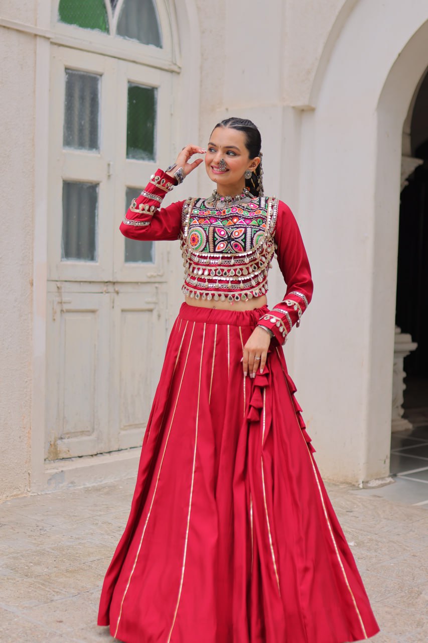 Maroon Navratri Special Roman Fabric Lehenga Choli with Kutchi Gamthi & Mirror Work