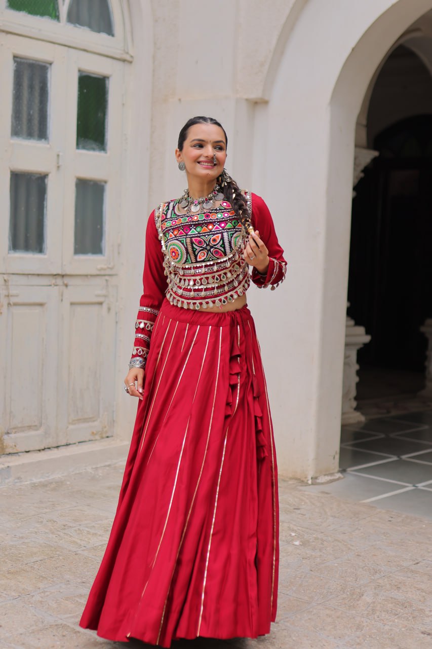Maroon Navratri Special Roman Fabric Lehenga Choli with Kutchi Gamthi & Mirror Work