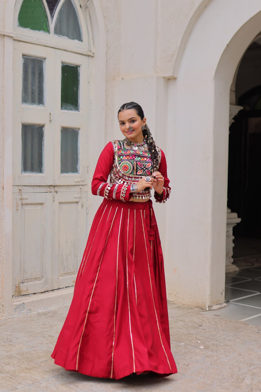 Maroon Navratri Special Roman Fabric Lehenga Choli with Kutchi Gamthi & Mirror Work