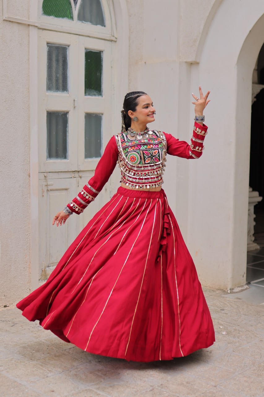 Maroon Navratri Special Roman Fabric Lehenga Choli with Kutchi Gamthi & Mirror Work